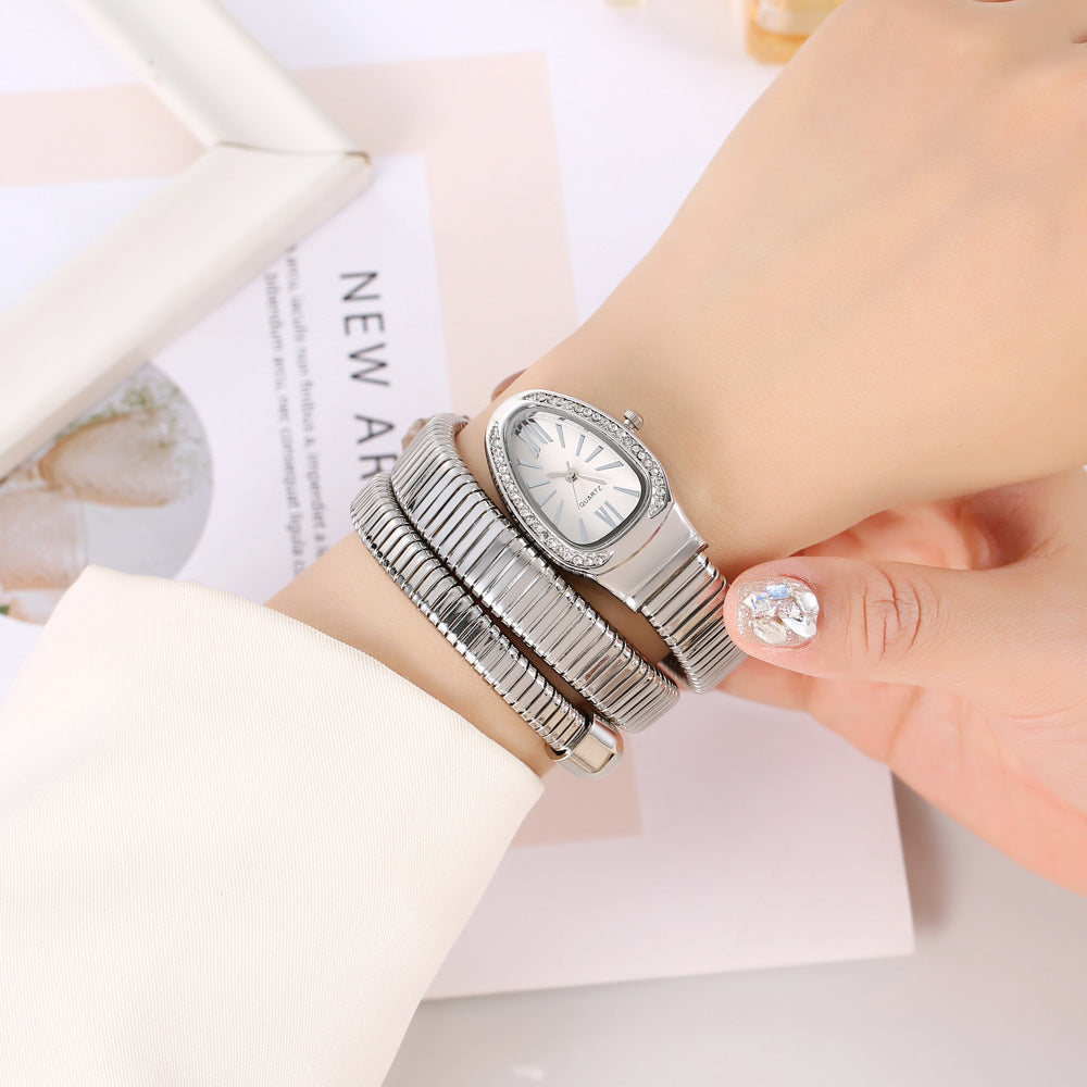 QUARTZ- Three Circle Bracelet Style Snake Watch (Silver)
