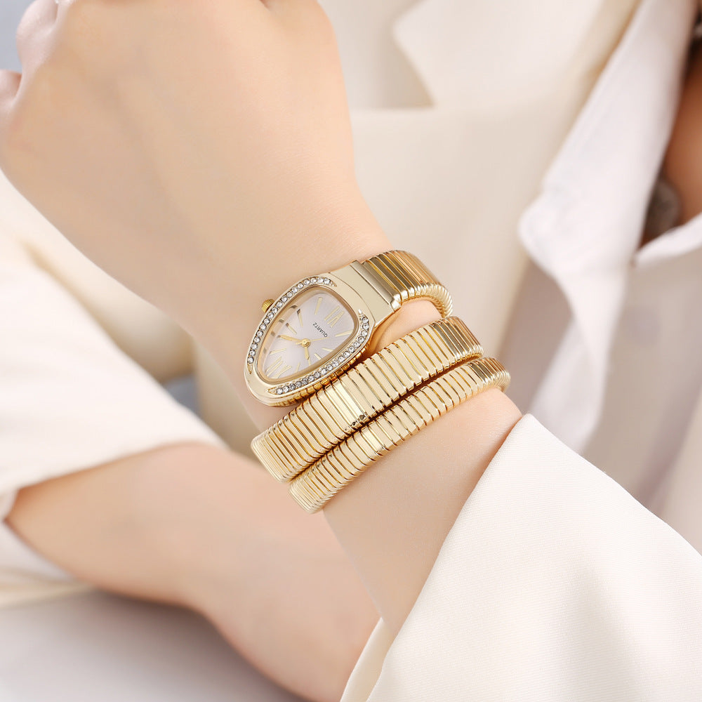 QUARTZ- Three Circle Bracelet Style Snake Watch (Gold-Plane Style)