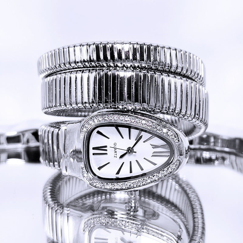 QUARTZ- Three Circle Bracelet Style Snake Watch (Silver)