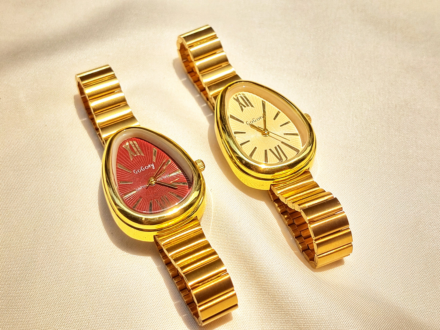 GOGOey Elegant Teardrop Quartz Watch – Gold & Maroon Combo Set