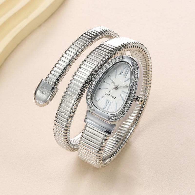 QUARTZ- Three Circle Bracelet Style Snake Watch (Silver)