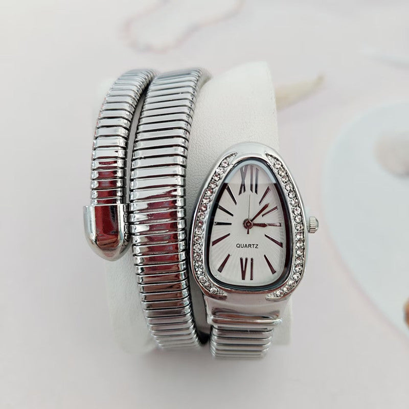 QUARTZ- Three Circle Bracelet Style Snake Watch (Silver)